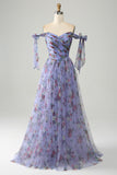Lavender A-Line Floral Print Tulle Pleated Long Ball Dress
