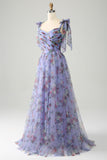Lavender A-Line Floral Print Tulle Pleated Long Ball Dress