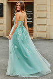 A-Line Green Tulle Corset Ball Dress with Appliques