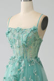 Green A-Line Spaghetti Straps Long Corset Ball Dress with Appliques