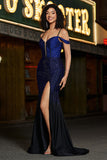 Sparkly Navy Mermaid Long Corset Beaded Ball Dress with Slit