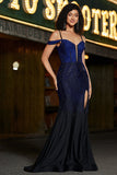 Sparkly Navy Mermaid Long Corset Beaded Ball Dress with Slit