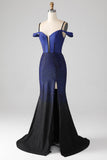 Sparkly Navy Mermaid Long Corset Ball Dress with Slit