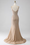 Sparkly Champagne Mermaid Spaghetti Straps Long Ball Dress with Slit