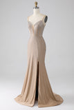 Sparkly Champagne Mermaid Spaghetti Straps Long Ball Dress with Slit