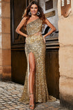 One Shoulder Golden Fringe Sequin Glitter Ball Dress With Slit