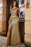 One Shoulder Golden Fringe Sequin Glitter Ball Dress With Slit