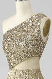 Golden One Shoulder Fringe Sequin Ball Dress With Slit