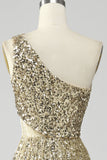 Golden One Shoulder Fringe Sequin Ball Dress With Slit