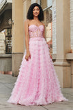 Pink A-Line Strapless Tiered Long Corset Ball Dress with Lace