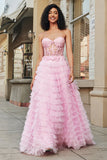 Pink A-Line Strapless Tiered Long Corset Ball Dress with Lace