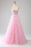 Pink A-Line Strapless Tiered Long Corset Ball Dress