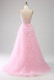 Pink A-Line Strapless Tiered Long Corset Ball Dress