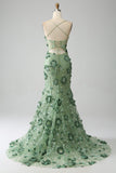 Mermaid Spaghetti Straps Green Corset Ball Dress with Appliques