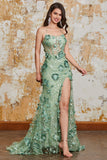 Green Mermaid Spaghetti Straps Corset Ball Dress with Appliques