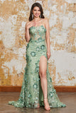 Green Mermaid Spaghetti Straps Corset Ball Dress with Appliques