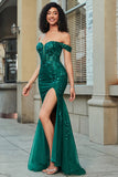 Stylish Mermaid Off the Shoulder Dark Green Corset Ball Dress with Split Front
