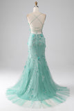 Green Mermaid Spaghetti Straps Long Ball Dress with Appliques