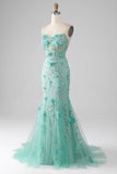 Green Mermaid Spaghetti Straps Long Ball Dress with Appliques