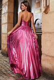 Hot Pink A-Line Spaghetti Straps Pleated Sparkly Ball Dress with Slit