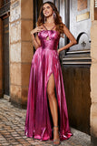 Hot Pink A-Line Spaghetti Straps Pleated Sparkly Ball Dress with Slit