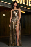 Golden A-Line Spaghetti Straps Pleated Sparkly Ball Dress with Slit
