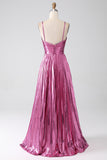 Fuchsia A-Line Spaghetti Straps Pleated Ball Dress with Slit