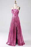 Fuchsia A-Line Spaghetti Straps Pleated Ball Dress with Slit