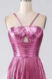 Fuchsia A-Line Spaghetti Straps Pleated Ball Dress with Slit