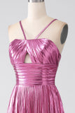 Fuchsia A-Line Spaghetti Straps Pleated Ball Dress with Slit