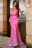 Hot Pink Glitter Mermaid Ball Dress with Beading Waist