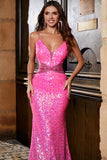 Hot Pink Glitter Mermaid Ball Dress with Beading Waist