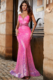Hot Pink Glitter Mermaid Ball Dress with Beading Waist