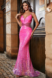 Hot Pink Glitter Mermaid Ball Dress with Beading Waist