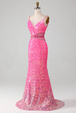 Glitter Hot Pink Mermaid Spaghetti Straps Ball Dress with Beading Waist