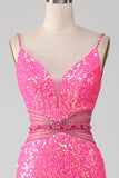 Glitter Hot Pink Mermaid Spaghetti Straps Ball Dress with Beading Waist