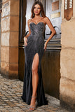 Glitter Strapless Mermaid Black Ball Dress with Slit