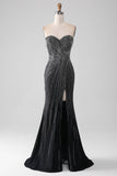 Black Glitter Mermaid Sweetheart Strapless Ball Dress with Slit