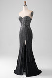 Black Glitter Mermaid Sweetheart Strapless Ball Dress with Slit