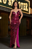 Spaghetti Straps Hot Pink Sparkly Mermaid Sequins Long Ball Dress with Slit