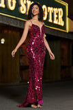 Spaghetti Straps Hot Pink Sparkly Mermaid Sequins Long Ball Dress with Slit