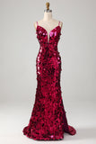 Sparkly Mermaid Spaghetti Straps Fuchsia Sequins Long Ball Dress with Slit