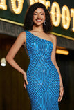 Mermaid One Shoulder Blue Long Ball Dress with Sequins