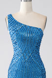 Blue Mermaid One Shoulder Sequins Long Ball Dress
