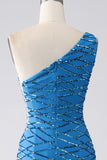 Blue Mermaid One Shoulder Sequins Long Ball Dress