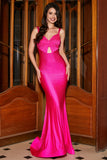 Hot Pink Sparkly Mermaid Spaghetti Straps Ball Dress with Hollow-out