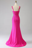 Sparkly Mermaid Spaghetti Straps Hot Pink Ball Dress with Hollow-out