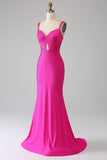 Sparkly Mermaid Spaghetti Straps Hot Pink Ball Dress with Hollow-out