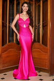 Hot Pink Sparkly Mermaid Spaghetti Straps Ball Dress with Hollow-out