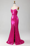 Sparkly Hot Pink Mermaid Simple Long Ball Dress With Slit